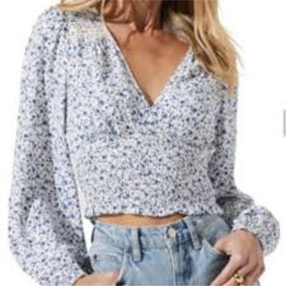 ASTR The Label - Blue Floral Smocked Puff Cottage Core Sleeve Blouse Size Small